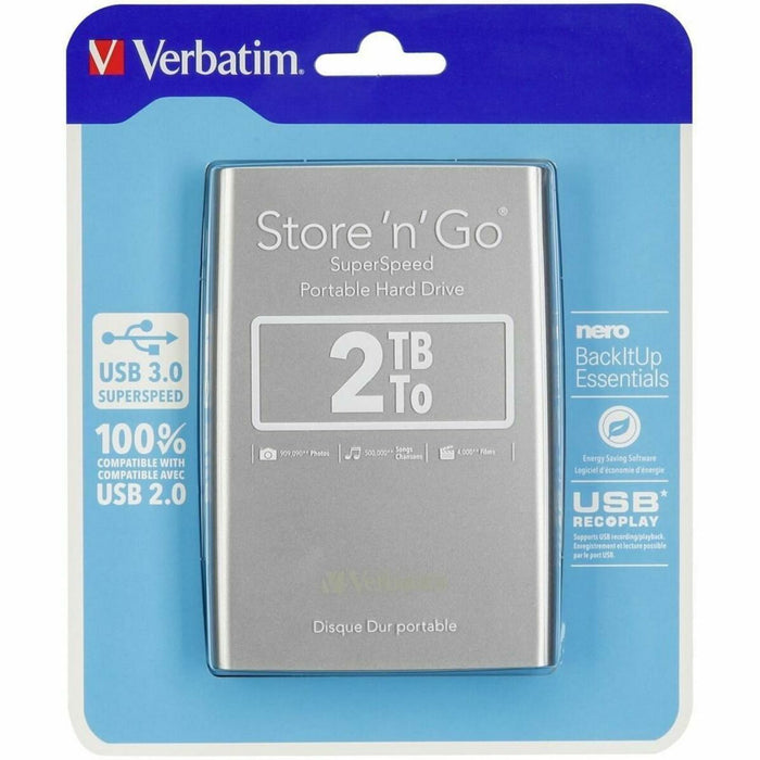 Hard disk Extern Verbatim Disco Duro Portátil Store 'n' Go USB 3.0 de 2 TB en color Plateado