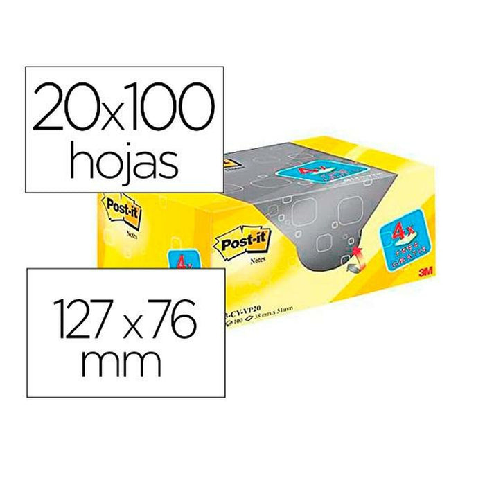 Notițe cu Adeziv Post-it 655CY-VP20 Galben 76 x 127 mm Standard