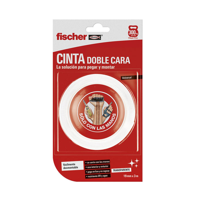 Bandă cu două fețe Fischer 3 m x 19 mm Alb