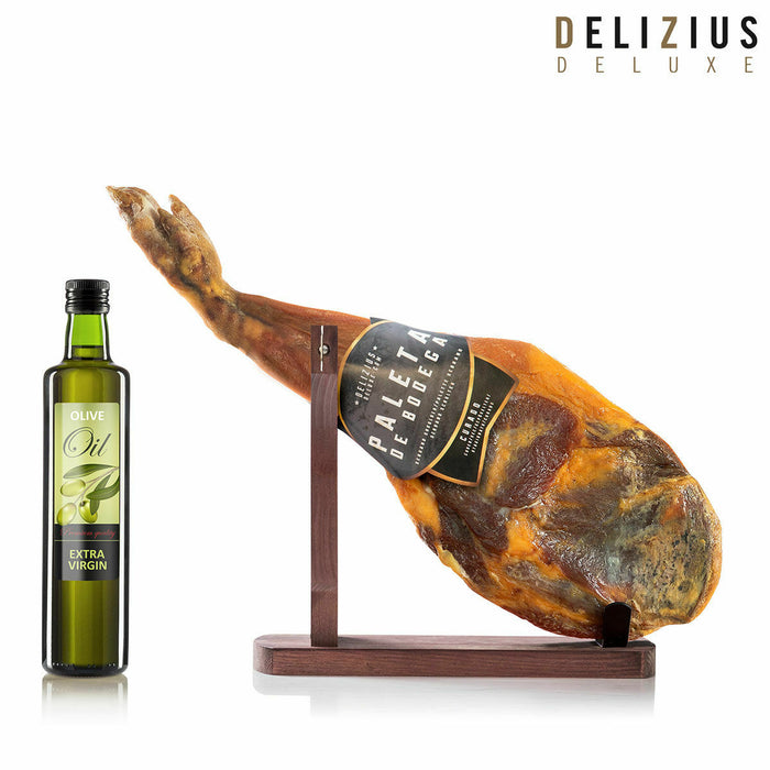 Set Spată maturată Bodega, Ulei de măsline și suport pentru jamón Delizius Deluxe