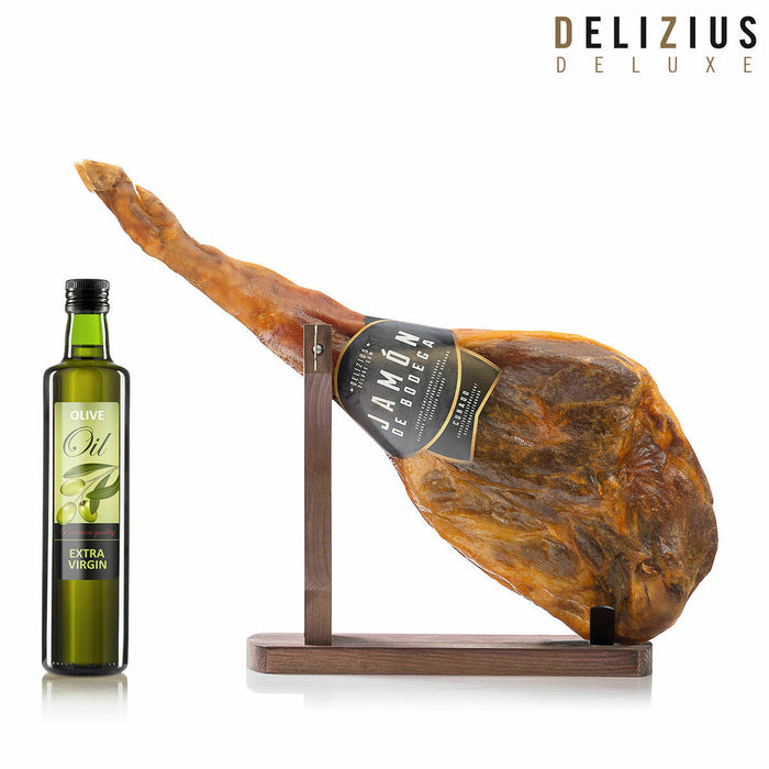 Set Jamón maturat Bodega, Ulei de măsline și suport pentru jamón Delizius Deluxe