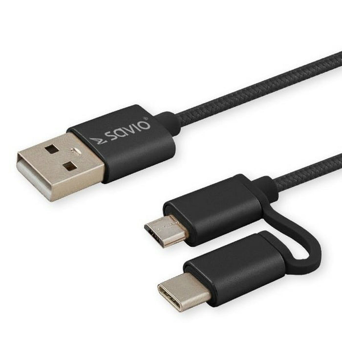 Cablu USB la Micro USB și USB C Savio CL-128 Negru 1 m