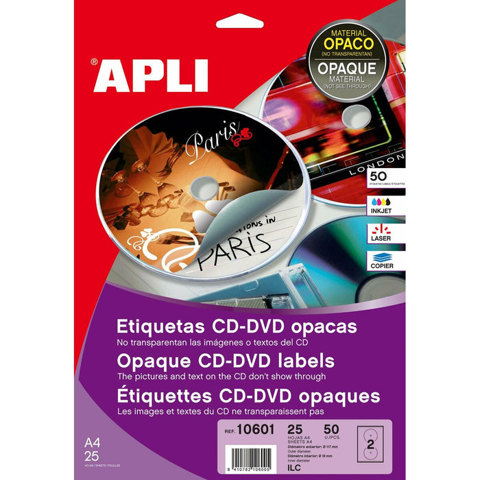 Etichete pentru Imprimantă Apli 10601 Circular CD/DVD Alb 25 Frunze Ø 117 mm