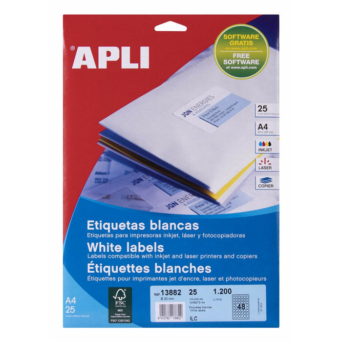 Etichete pentru Imprimantă Apli Circular Alb Rotund 25 Frunze Ø 30 mm