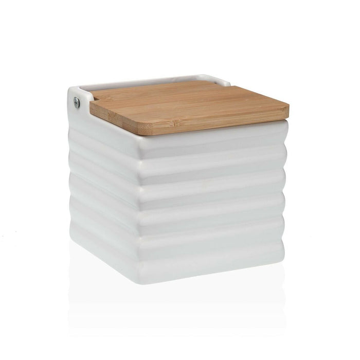 Solniță cu capac Versa Dungi Alb Ceramică Bambus Dolomite 11 x 11 x 11 cm