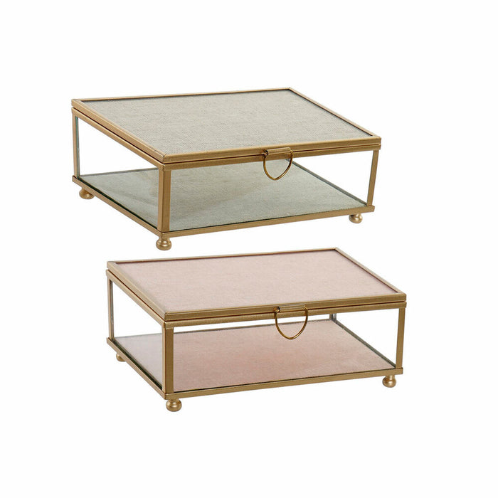 Casetă de Bijuterii DKD Home Decor Bej Roz Geam Fier Plastic 15 x 10 x 6 cm (2 Unități)