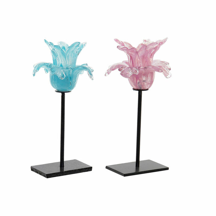 Suport de Lumânări DKD Home Decor Albastru Roz Metal Geam 12 x 12 x 24 cm (2 Unități)