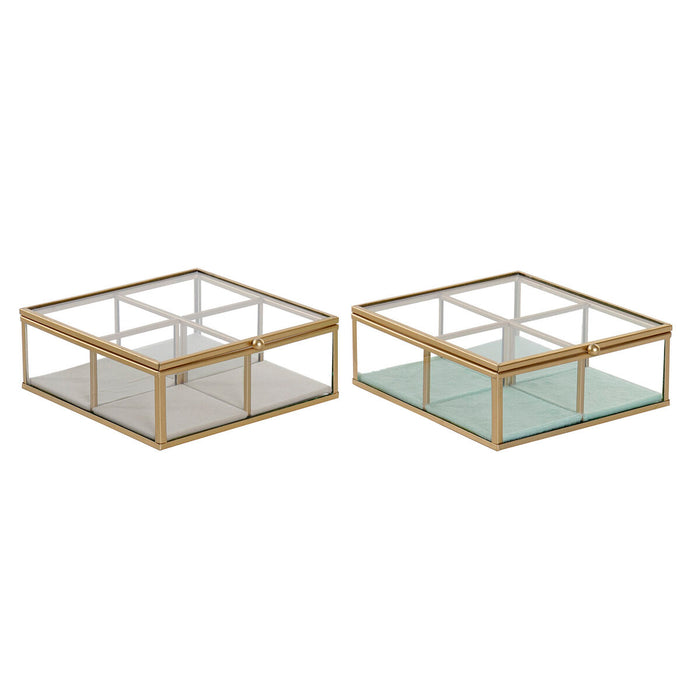 Casetă de Bijuterii DKD Home Decor Verde Gri deschis Metal Geam 15 x 15 x 5,5 cm (2 Unități)