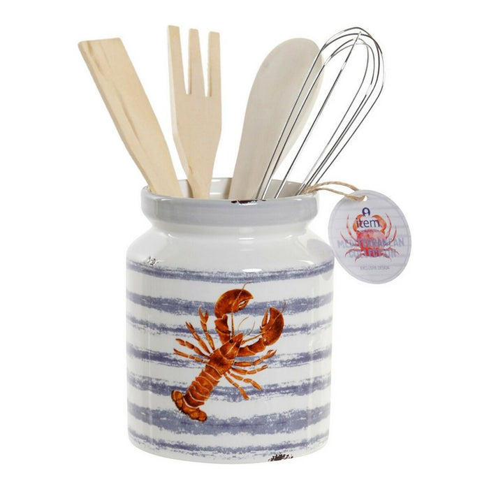 Suport pentru ustensile de bucătărie DKD Home Decor Albastru Alb Mediterană 5 Piese 11,5 x 11,5 x 26 cm