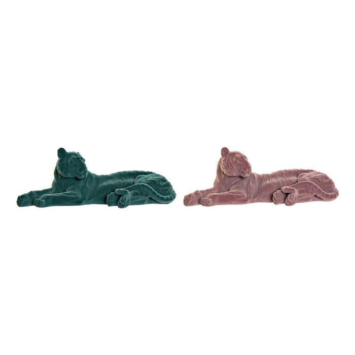 Figură Decorativă DKD Home Decor 36 x 17,5 x 13,3 cm Tigru Verde Rășină Roz deschis Cu șuvițe