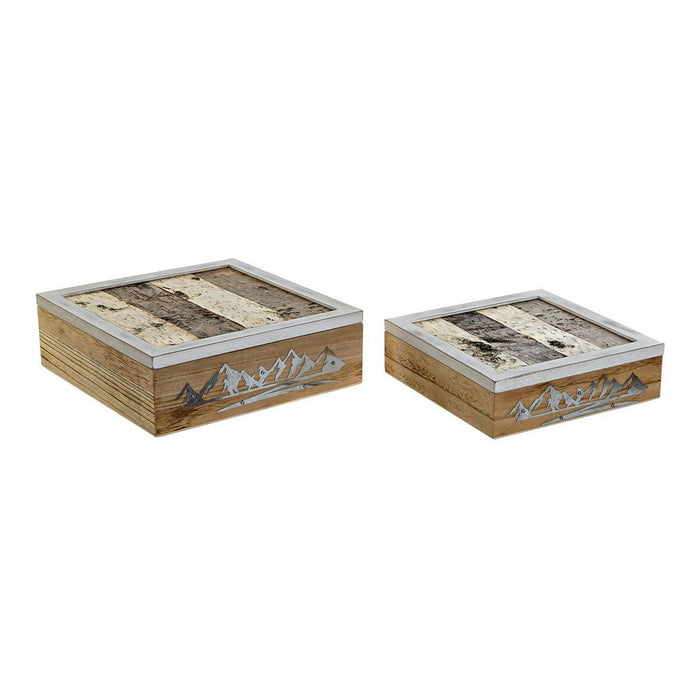 Set de Cutii Decorative DKD Home Decor 8424001775835 Metal Lemn Maro Alb 24 x 24 x 7,5 cm Lemn MDF (2 Unități)