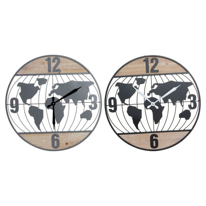 Ceas de Perete DKD Home Decor Negru Gri Fier 60 x 4,5 x 60 cm Lemn MDF Harta Lumii (2 Unități)