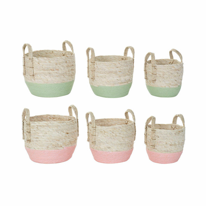 Set de Coșuri DKD Home Decor Natural Roz Verde Fibră naturală 30 x 30 x 32 cm Boho (2 Unități)