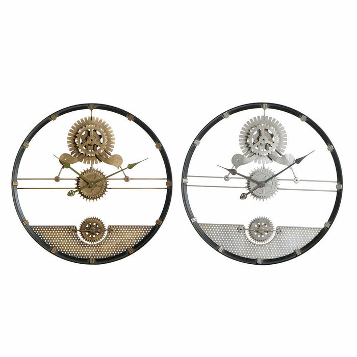 Ceas de Perete DKD Home Decor Argintiu Auriu* Fier Angrenaje 60 x 5 x 60 cm (2 Unități)