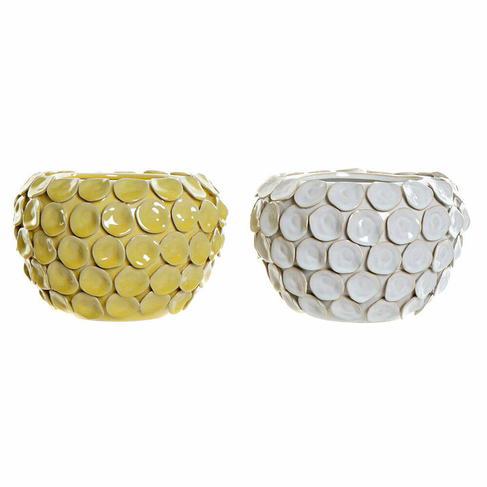Vază DKD Home Decor 24,5 x 24,5 x 17 cm Alb Gresie Modern Cu descărcare Muştar (2 Unități)