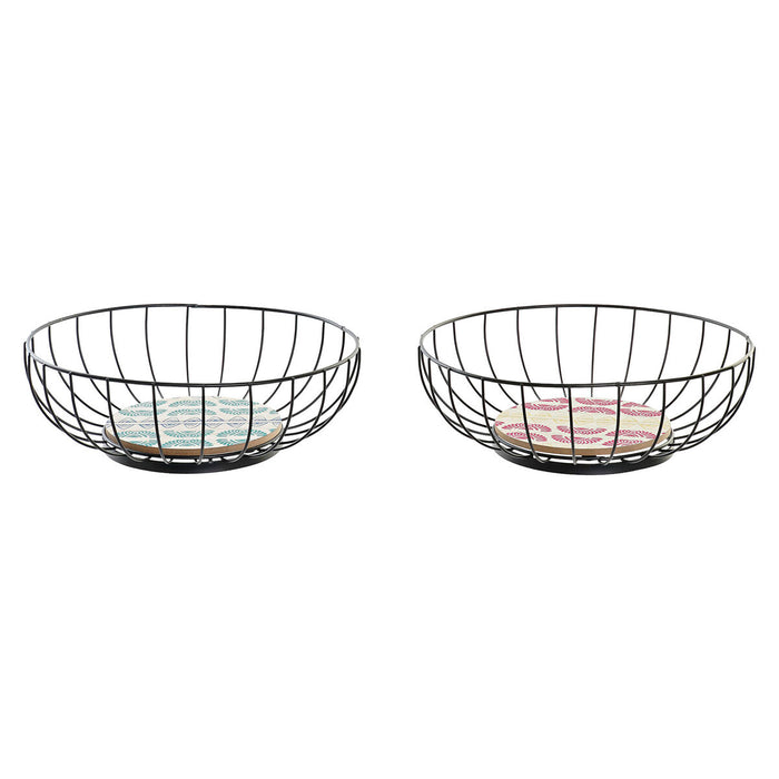 Fructieră DKD Home Decor Albastru Turquoise Metal Lemn MDF 28 x 28 x 11 cm (2 Unități)