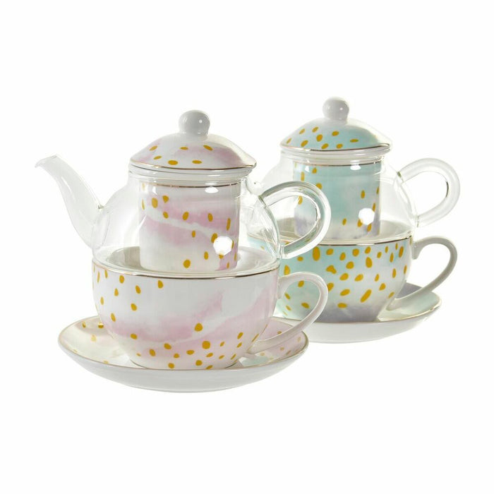 Ceainic DKD Home Decor Geam Porțelan Roz Transparent Alb Verde (2 Unități)
