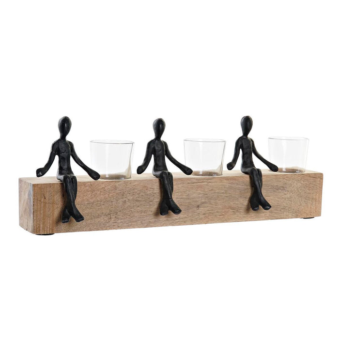 Suport de Lumânări DKD Home Decor 43 x 9 x 14 cm Geam Natural Negru Maro Transparent Aluminiu Lemn de mango