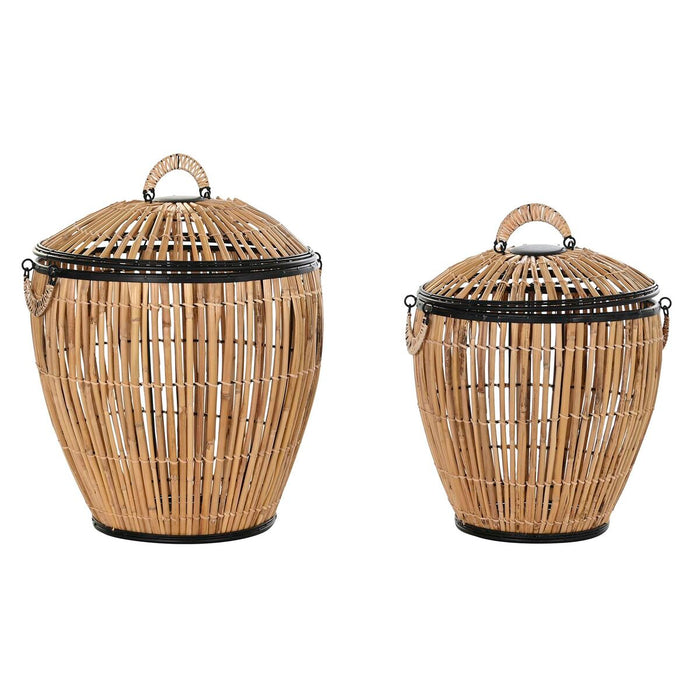 Set de Coșuri DKD Home Decor Negru Natural Metal Ratan 48 x 48 x 55 cm (2 Unități)
