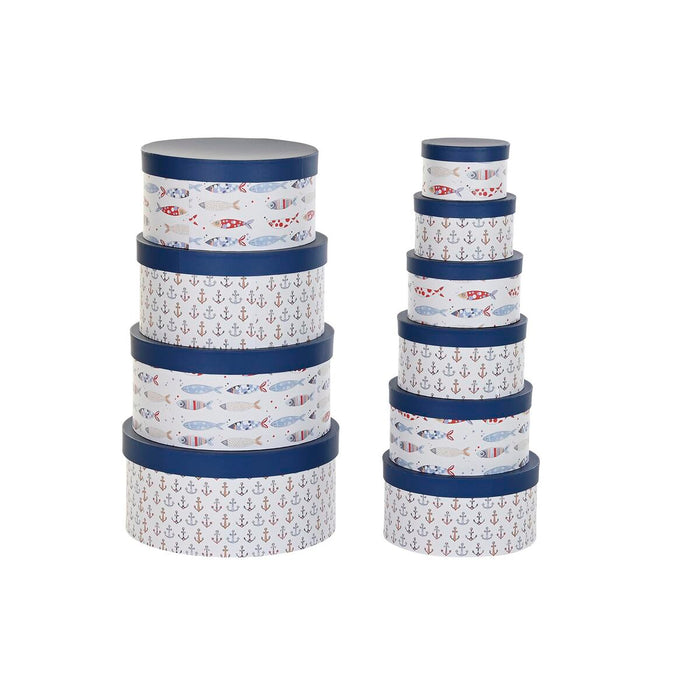 Set de cutii de depozitare, cu posibilitate de stivuire DKD Home Decor Marin Dungi Alb Bleumarin Carton (37,5 x 37,5 x 18 cm)