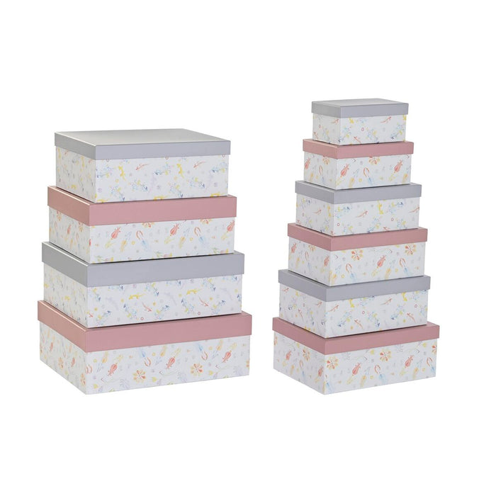 Set de cutii de depozitare, cu posibilitate de stivuire DKD Home Decor Roz Liliachiu Multicolor Carton (43,5 x 33,5 x 15,5 cm)
