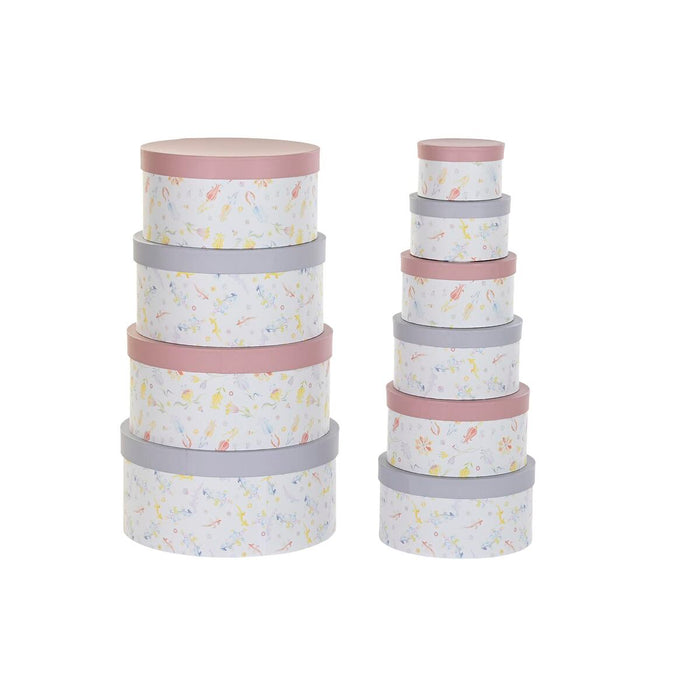 Set de cutii de depozitare, cu posibilitate de stivuire DKD Home Decor Květiny Dungi Albastru Liliachiu Alb Multicolor Carton (3