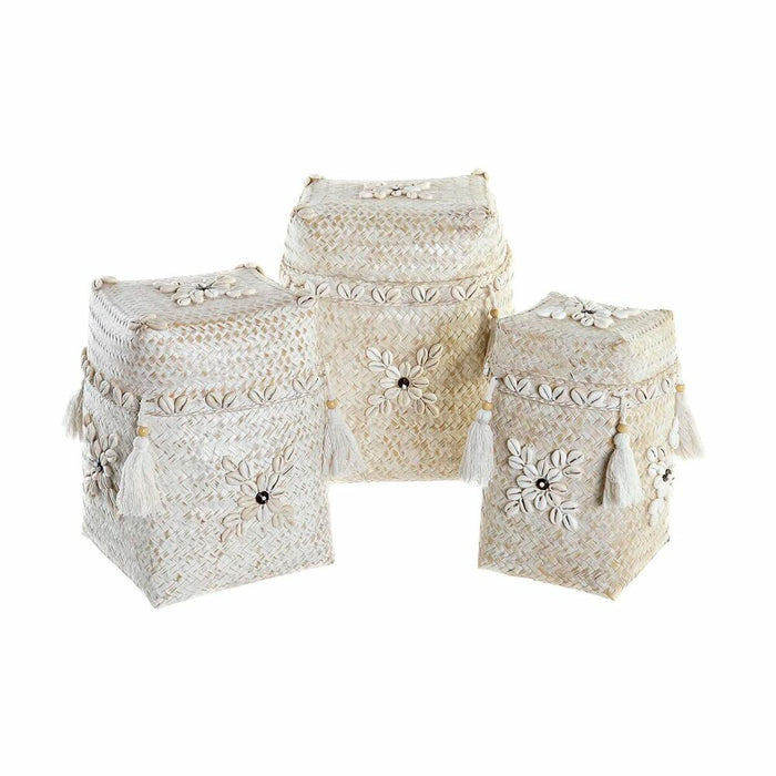 Set de Coșuri DKD Home Decor Alb Bambus Scoici (24 x 24 x 30 cm) (3 Piese)