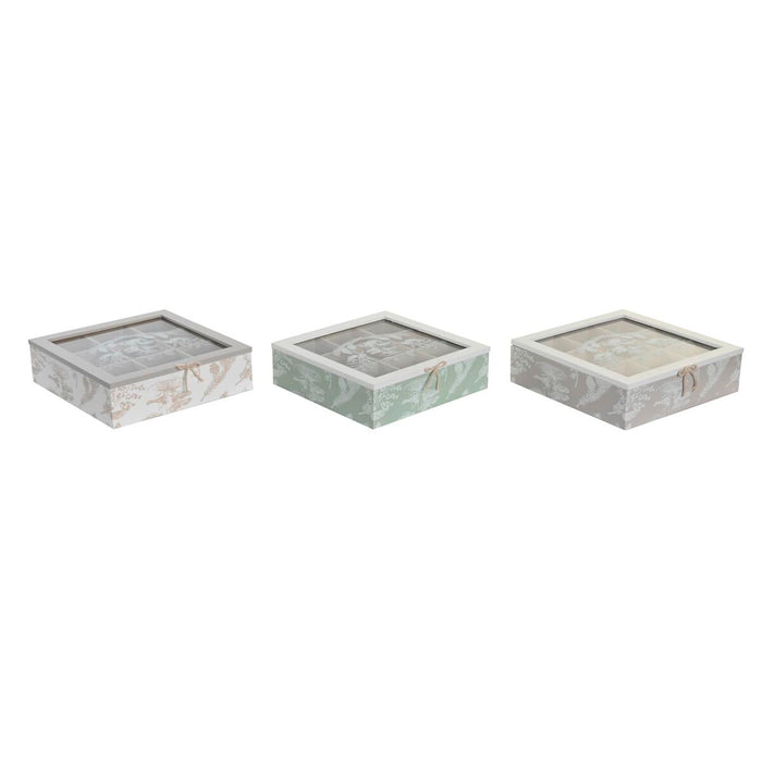 Cutie pentru infuzii DKD Home Decor 24,5 x 24,5 x 6 cm Geam Bej Metal Teracotă Alb Verde Maro Deschis 3 Piese Lemn MDF