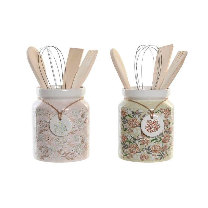 Set ustensile de bucătărie DKD Home Decor Roz Květiny Dolomite Lemn MDF 12 x 12 x 25 cm (2 Unități) (5 Unități)
