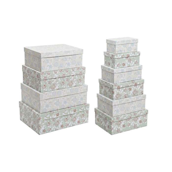 Set de cutii de depozitare, cu posibilitate de stivuire DKD Home Decor Bej Verde Květiny Carton (43,5 x 33,5 x 15,5 cm)