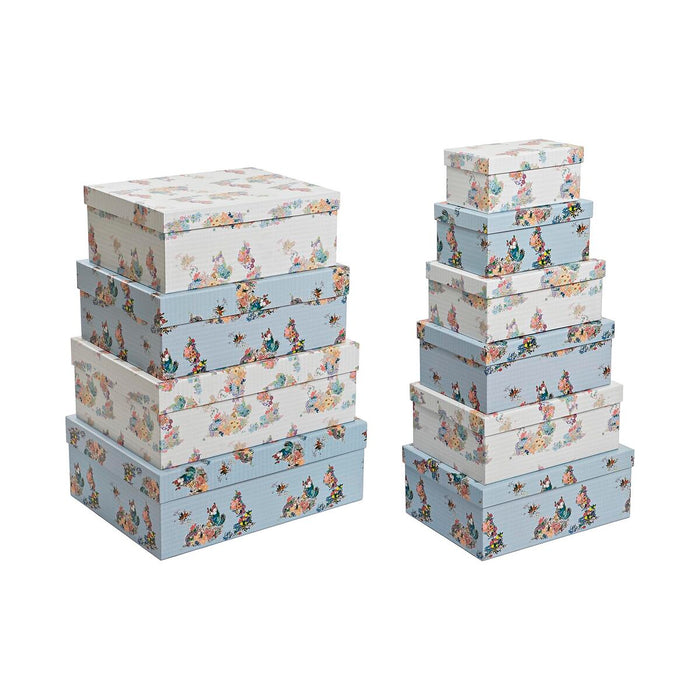 Set de cutii de depozitare, cu posibilitate de stivuire DKD Home Decor Albastru Alb Květiny Carton (43,5 x 33,5 x 15,5 cm)