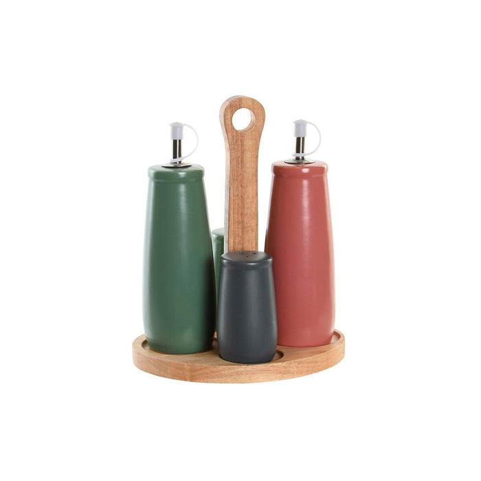 Set pentru asezonat DKD Home Decor 19 x 16 x 22,5 cm Natural Roz Lemn de cauciuc Alb Verde Gresie
