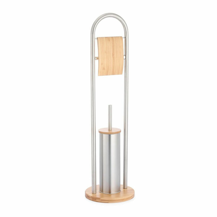 Suport pentru hârtie igienică cu suport pentru perie WC DKD Home Decor Argintiu Natural Bambus Oțel inoxidabil 22 x 22 x 80 cm