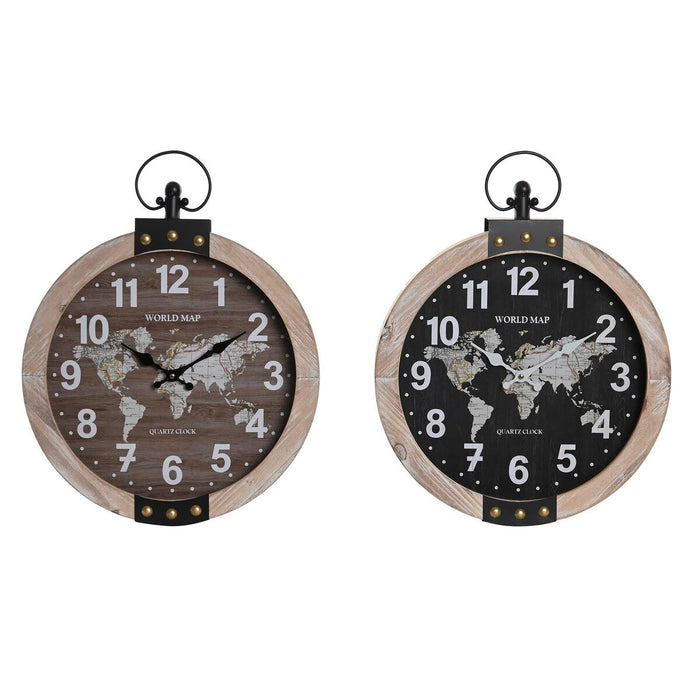 Ceas de Perete DKD Home Decor 40 x 6,5 x 46 cm Negru Maro Fier Vintage Lemn MDF Harta Lumii (2 Unități)