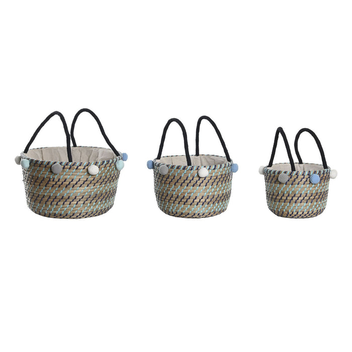 Set de Coșuri DKD Home Decor Poliester Pompoane 43 x 43 x 43 cm Iarbă de mare