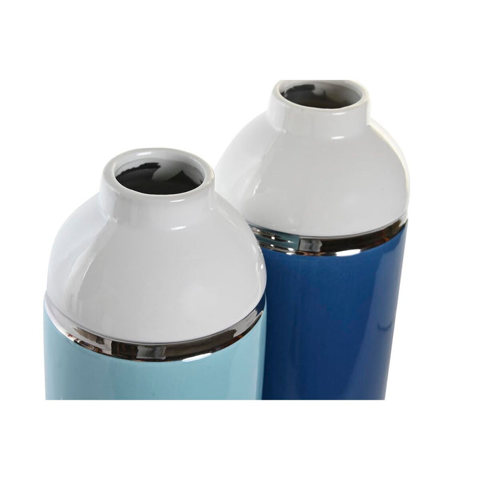Vază DKD Home Decor 12,5 x 12,5 x 25 cm Alb Albastru celest Bleumarin Gresie (2 Unități)