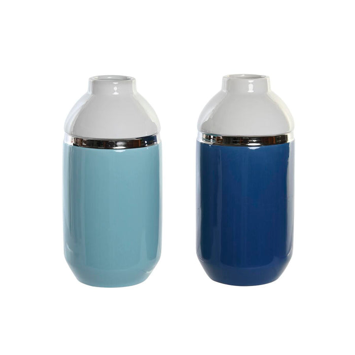 Vază DKD Home Decor 12,5 x 12,5 x 25 cm Alb Albastru celest Bleumarin Gresie (2 Unități)