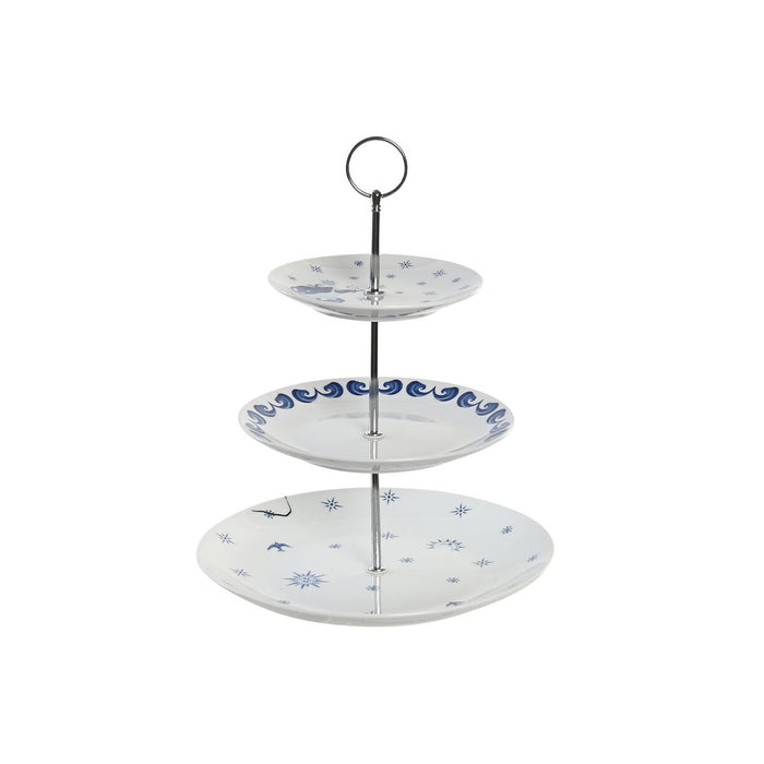 Fructieră DKD Home Decor 27 x 27 x 34 cm Porțelan Albastru Metal Alb