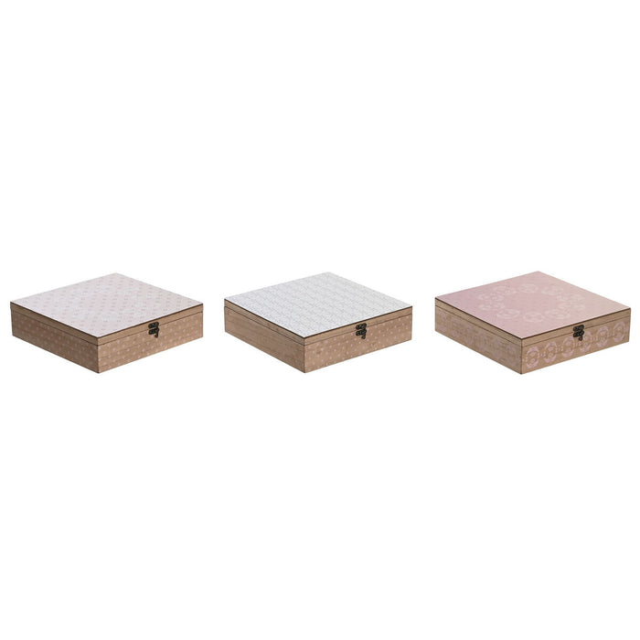 Cutie pentru infuzii DKD Home Decor Geam Roz Metal Alb 24 x 24 x 7 cm 3 Piese Lemn MDF