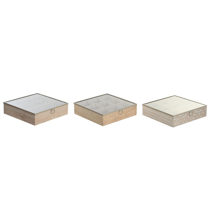 Cutie pentru infuzii DKD Home Decor 24 x 24 x 6,5 cm Geam Natural Albastru Roz Metal Alb 3 Piese Lemn MDF