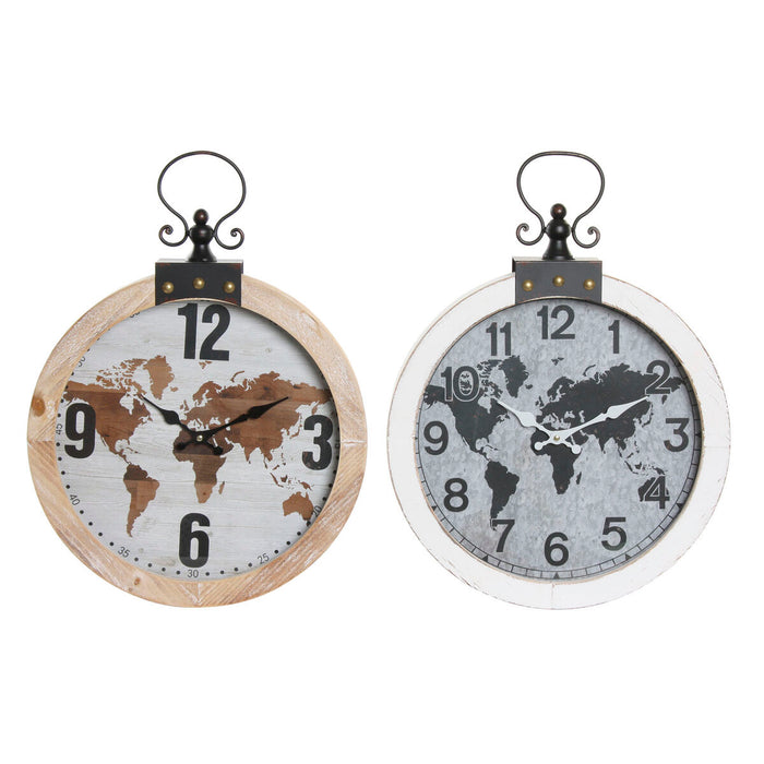 Ceas de Perete DKD Home Decor 40 x 4 x 54 cm Geam Fier Lemn MDF Harta Lumii (2 Unități)