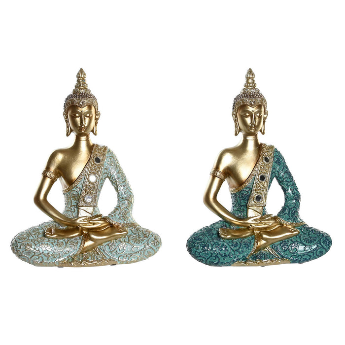 Figură Decorativă DKD Home Decor 24 x 11 x 31,2 cm Albastru Auriu* Buda Turquoise Oriental (2 Unități)