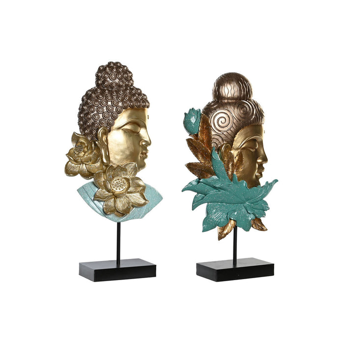 Figură Decorativă DKD Home Decor 22 x 8 x 42,5 cm Negru Auriu* Buda Turquoise Oriental (2 Unități)