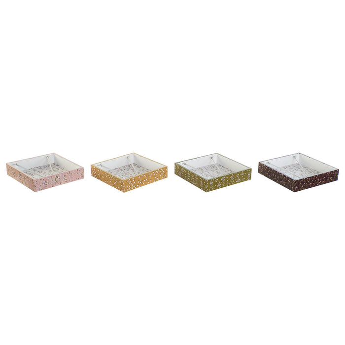 Suport pentru Șervețele DKD Home Decor Verde Muştar Maro închis Metal Aluminiu Lemn MDF 18 x 18 x 4 cm (4 Unități)