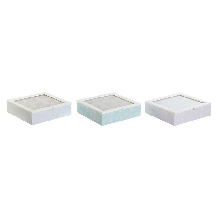 Cutie pentru infuzii DKD Home Decor Albastru Alb Verde Liliachiu Metal Geam Lemn MDF (3 Unități)