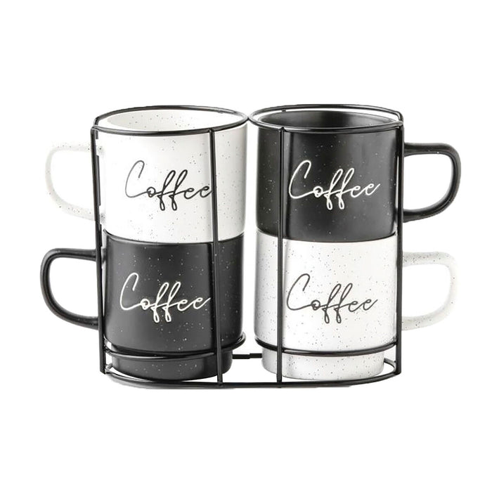 Set de 4 Căni tip Halbă Home ESPRIT Alb Negru Metal Porțelan 380 ml 13 x 9 x 9 cm