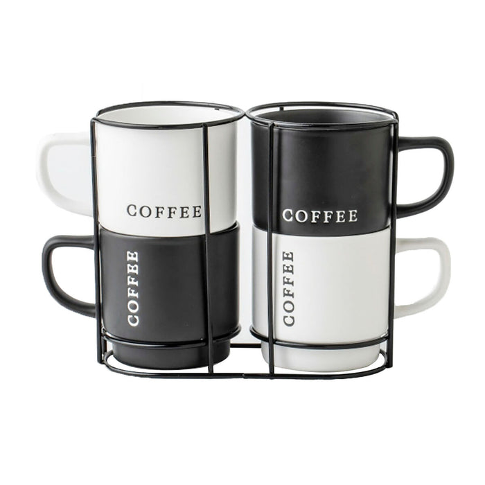Set de 4 Căni tip Halbă Home ESPRIT Alb Negru Metal Porțelan 380 ml 13 x 9 x 9 cm