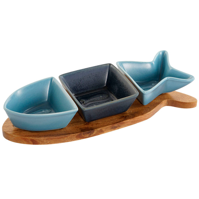 Set de Aperitiv Home ESPRIT Albastru Bleumarin Porțelan Salcâm Pește Mediterană 28 x 9,7 x 1,3 cm 4 Piese