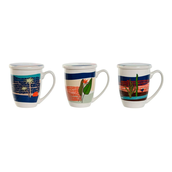 Cană cu filtru pentru infuzii Home ESPRIT Albastru Verde Oțel inoxidabil Porțelan Tropical 380 ml (3 Unități)