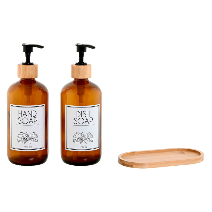 Dozator de Săpun Home ESPRIT Chihlimbar Natural Bambus Geam 500 ml 7,5 x 7,5 x 20 cm